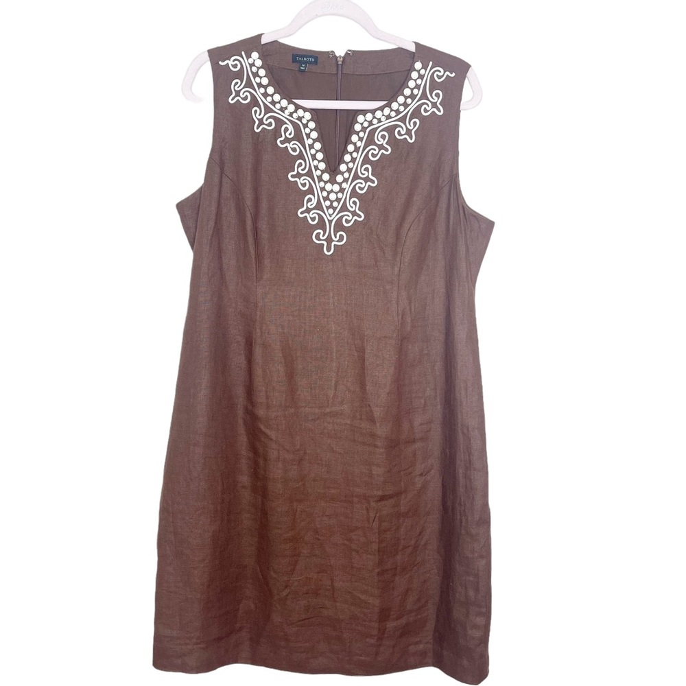 Talbots Brown Size 14 100% Linen Beaded Sleeveless Plus Size  Dress
